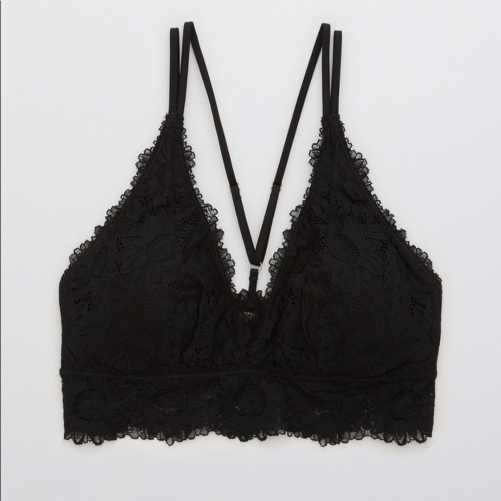 Aerie ANYTIME Sunflower Lace Padded Plunge Bralette - Black
